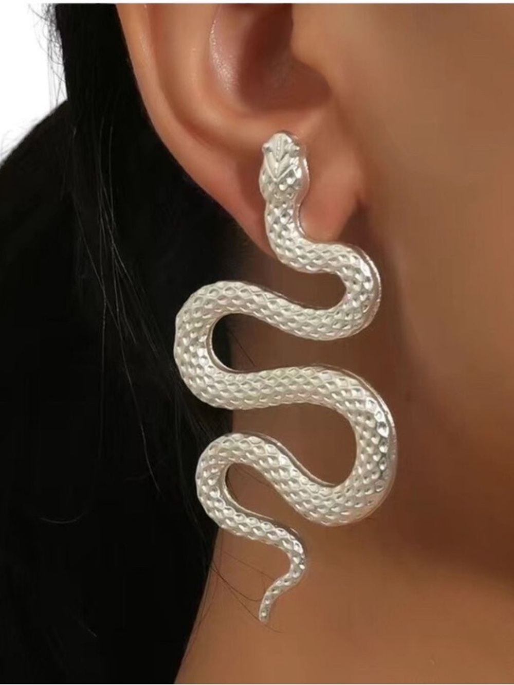 SNAKE Shaped Silver Tone Drop Pierced Earrings Textured
